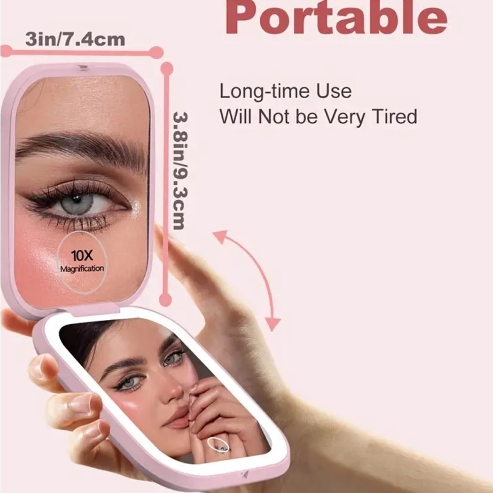 Compact Makeup Mirror 10X Magnification Portable LED Pink - Picture 4 of 10